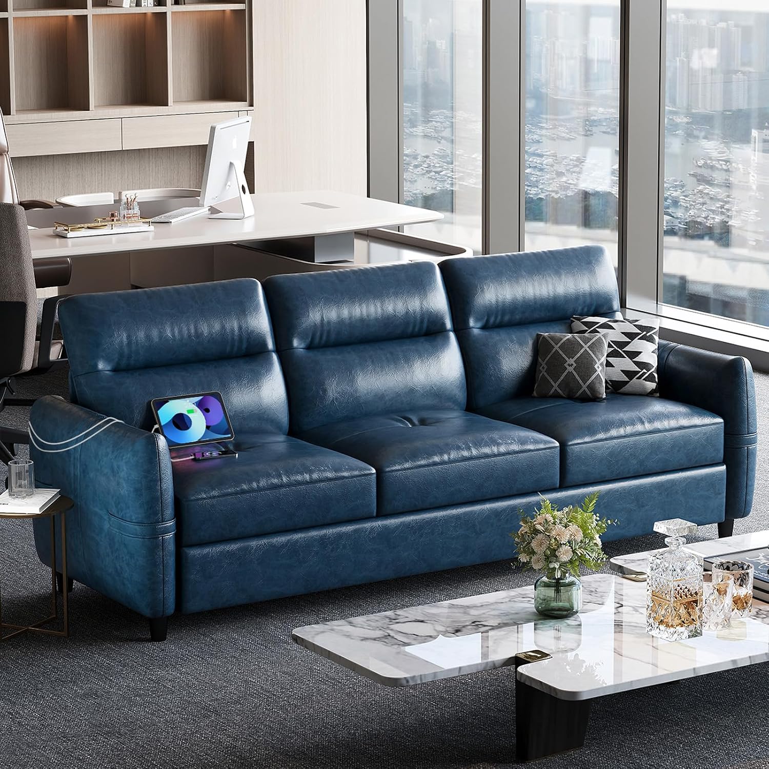 STHOUYN 85' Faux Leather Couch with USB, 3 Seater Couch for Living Room, Large Mid Century Modern Office Sofa for Apartment, Bedroom, Blue