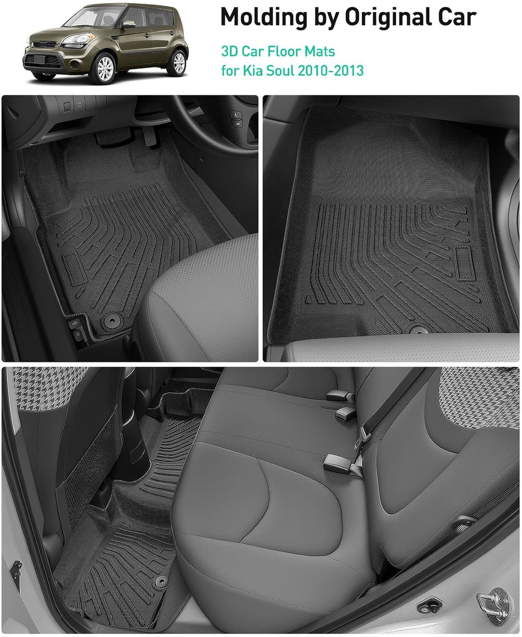 DiffCar® for Kia Soul Floor Mats: 2010 2011 2012 2013 Cargo Liner | All-Weather Custom Fit Car Accessories for Kia Soul Interior Protection | TPE Rubber Box Car Floor Trunk Carpet 4PCS Full Set Black