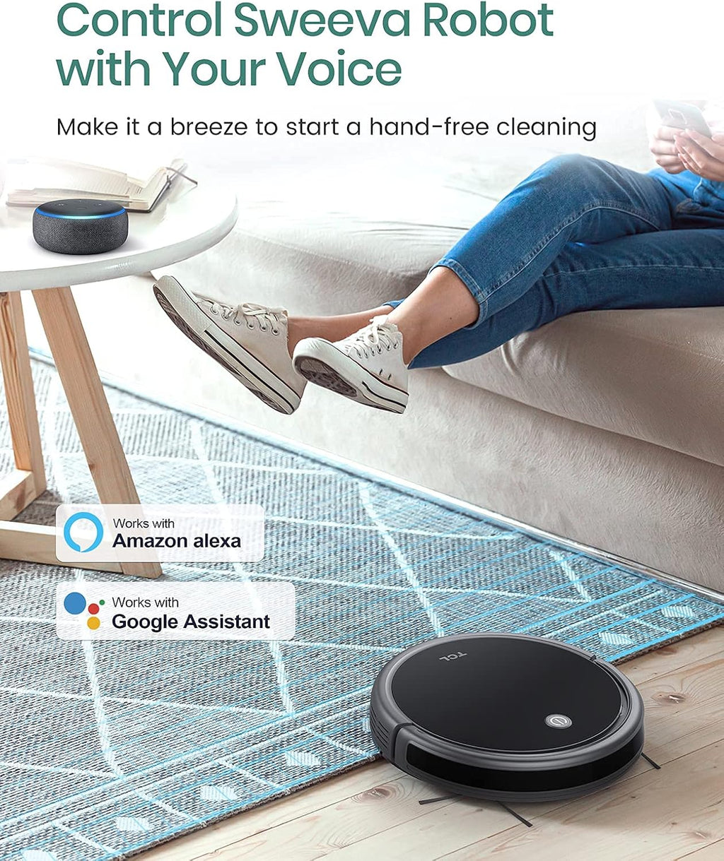 TCL Sweeva 2000 Robot Vacuum Cleaner Ultra Slim 2.76inch, 2000Pa Suction for Pet Hair, Hard Floor & Medium-Pile Carpets, 150mins Runtime, Washable Filter, WiFi & Alexa/Google Enabled