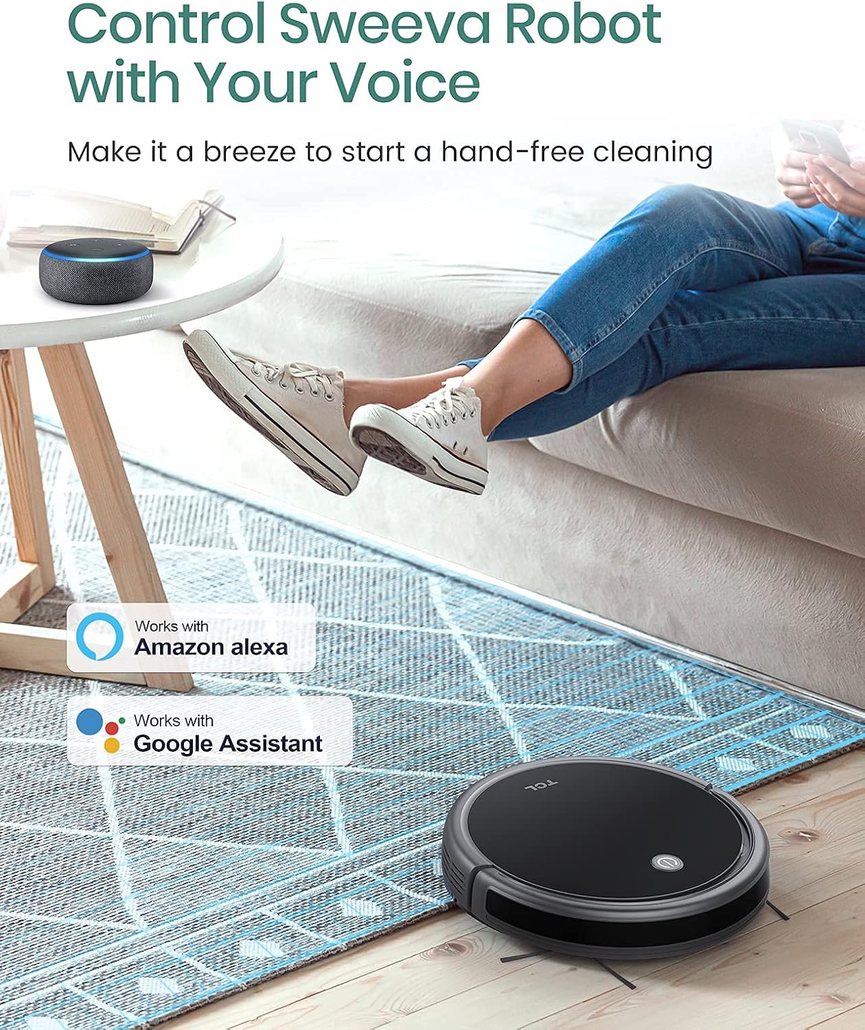 TCL Sweeva 2000 Robot Vacuum Cleaner Ultra Slim 2.76inch, 2000Pa Suction for Pet Hair, Hard Floor & Medium-Pile Carpets, 150mins Runtime, Washable Filter, WiFi & Alexa/Google Enabled