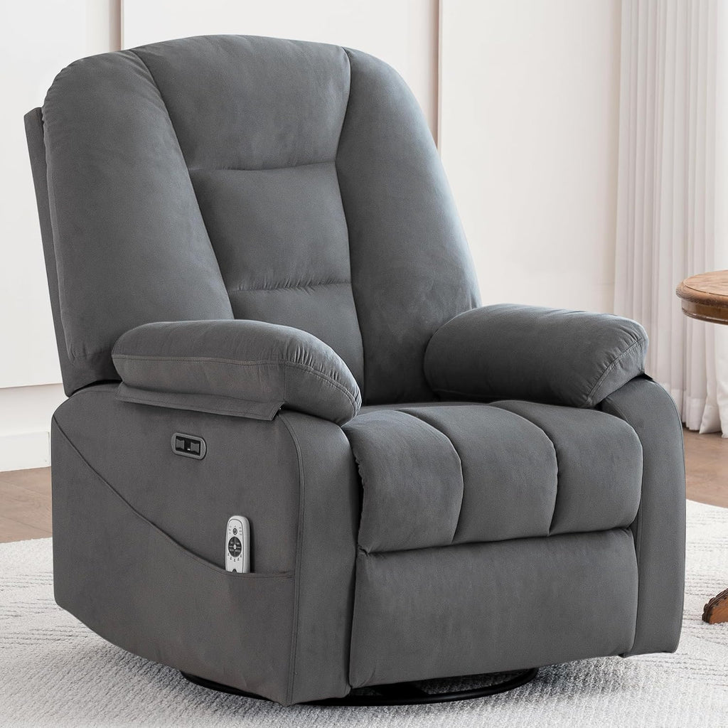 Ketaiyou Power Swivel Rocker Recliner with Massage and Heat, USB and Type-C Port, Infinite Position, Electric Glider Rocking Chairs Living Room, Soft Fabric Reclining Sofa Chair (Velvet Grey)