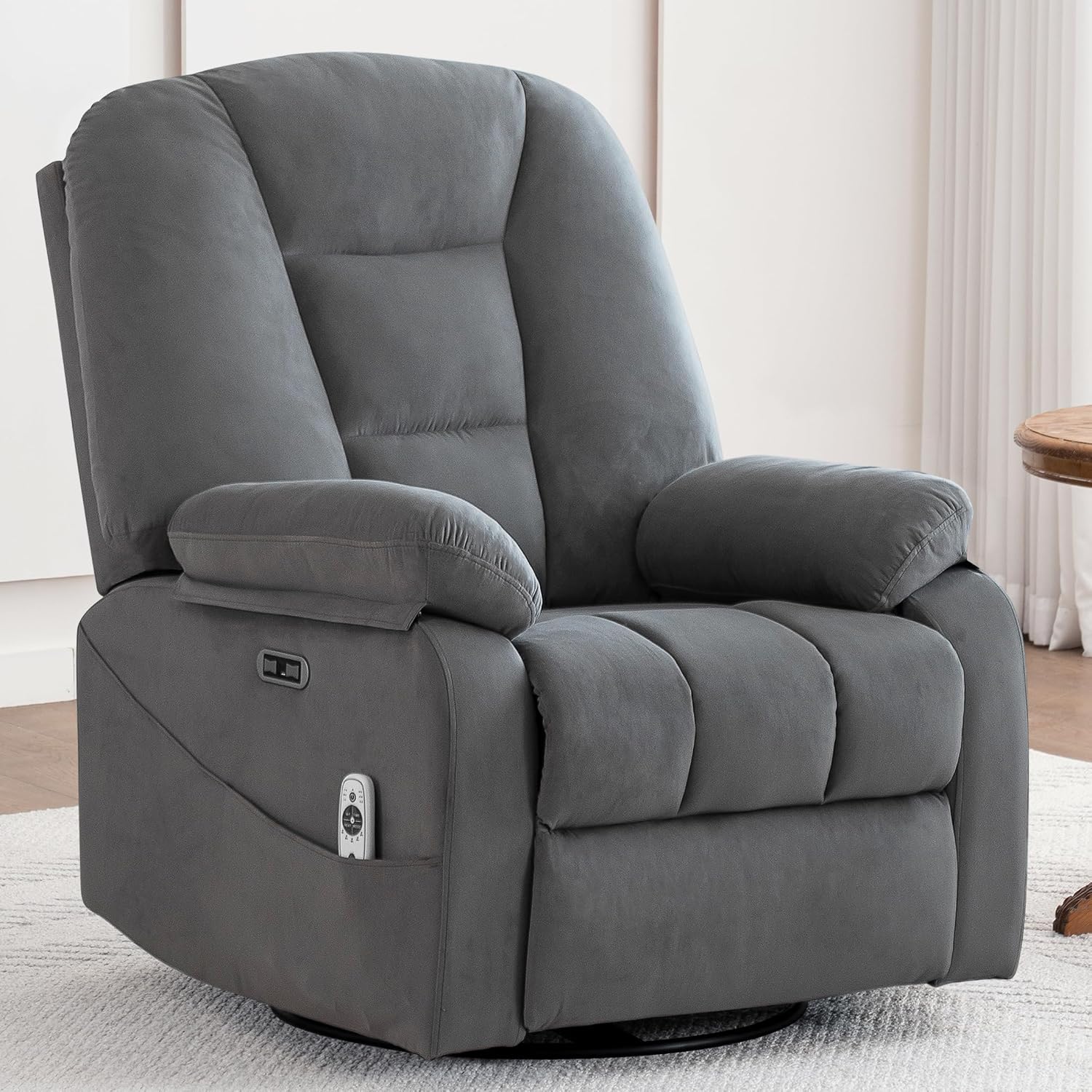 Ketaiyou Power Swivel Rocker Recliner with Massage and Heat, USB and Type-C Port, Infinite Position, Electric Glider Rocking Chairs Living Room, Soft Fabric Reclining Sofa Chair (Velvet Grey)