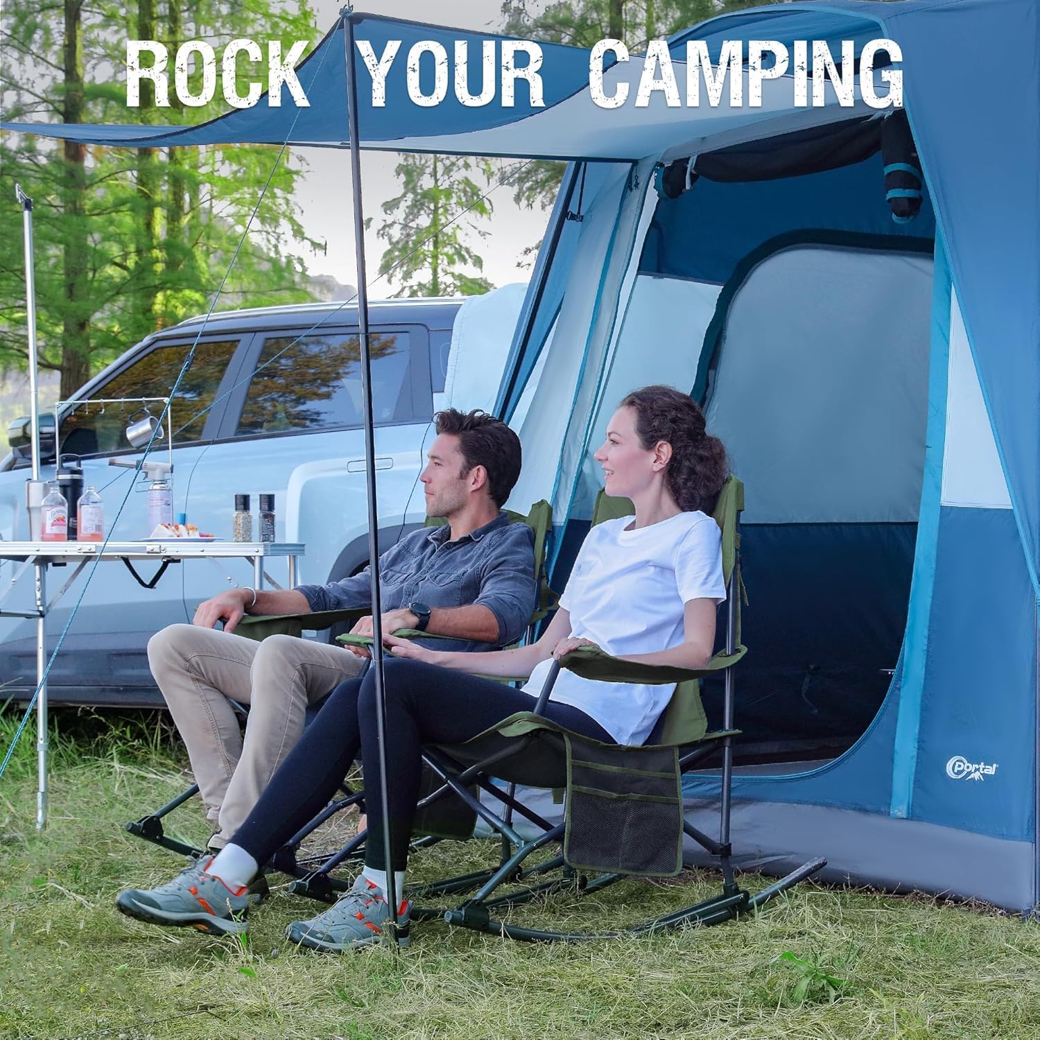 Portal Outdoor Rocking Chair Camping Folding Portable Rocker with Cup Holder Side Pocket Carry Bag, Support 350LBS (Mesh Green), 2 Pack