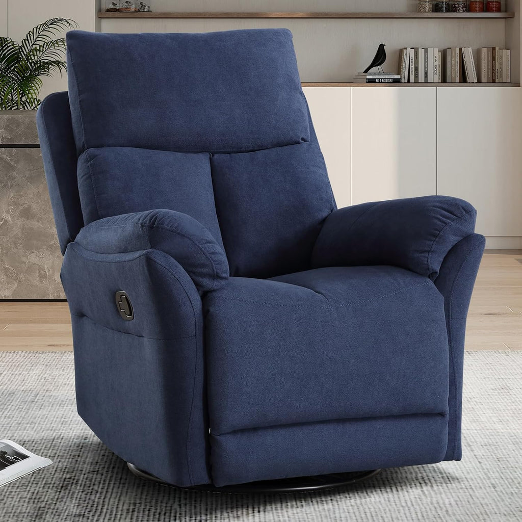 CANMOV Swivel Rocker Recliner, Manual Recliner with Overstuffed Cushion, Nursing Chairs for Living Room, Swivel Glider Recliners with Soft Backrest, Blue