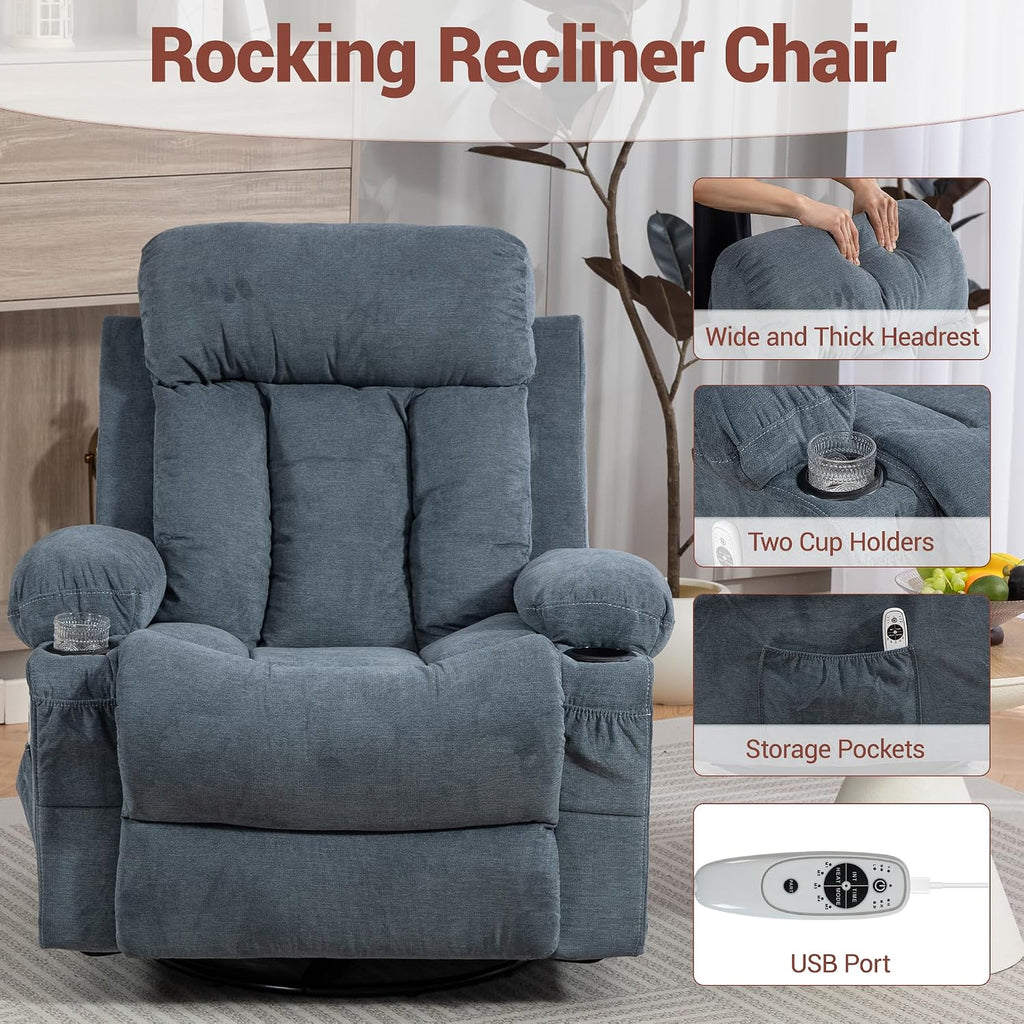 360° Swivel Rocking Chair, Rocker Recliner Chair with Vibration Massage and Heat, Ergonomic Lounge Chairs with Rocking Function and Side Pocket, Cup Holders, Blue