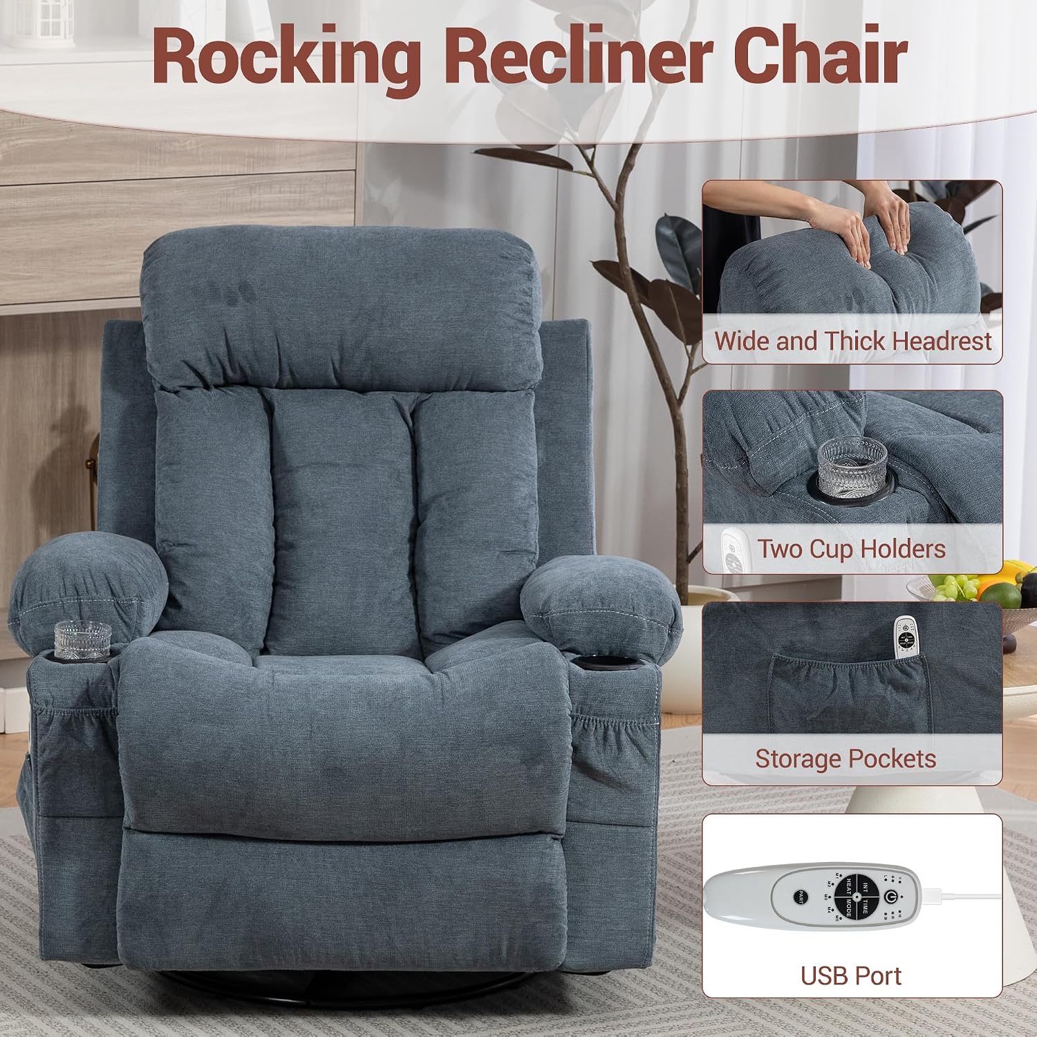 360° Swivel Rocking Chair, Rocker Recliner Chair with Vibration Massage and Heat, Ergonomic Lounge Chairs with Rocking Function and Side Pocket, Cup Holders, Blue