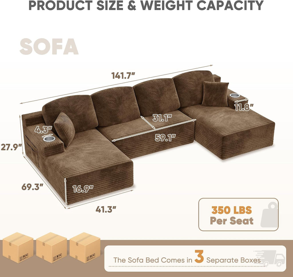 Homall 142' Boneless Couch, Modular Sectional Sofa, No Assembly Required, Memory Foam Filling, Corduroy U-Shaped Sofa, Movable Multi-Person Couch for Living Room (Brown)