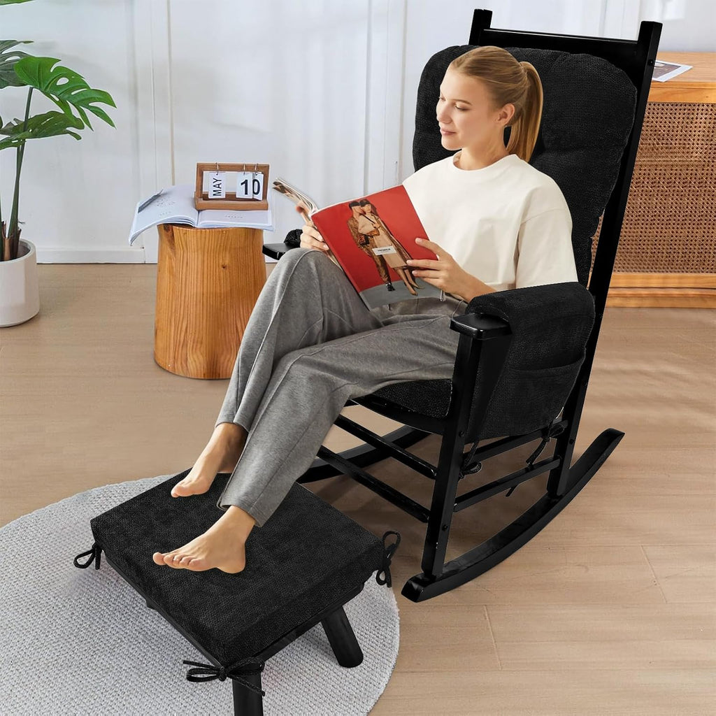 5 PCS Glider Rocker Replacement Cushions with Storage Side Pocket, Luxuriy Chenille Fabric Foam & Microfiber Filling, Thickened & Supportive Rocking Chair Cushion Set, Black