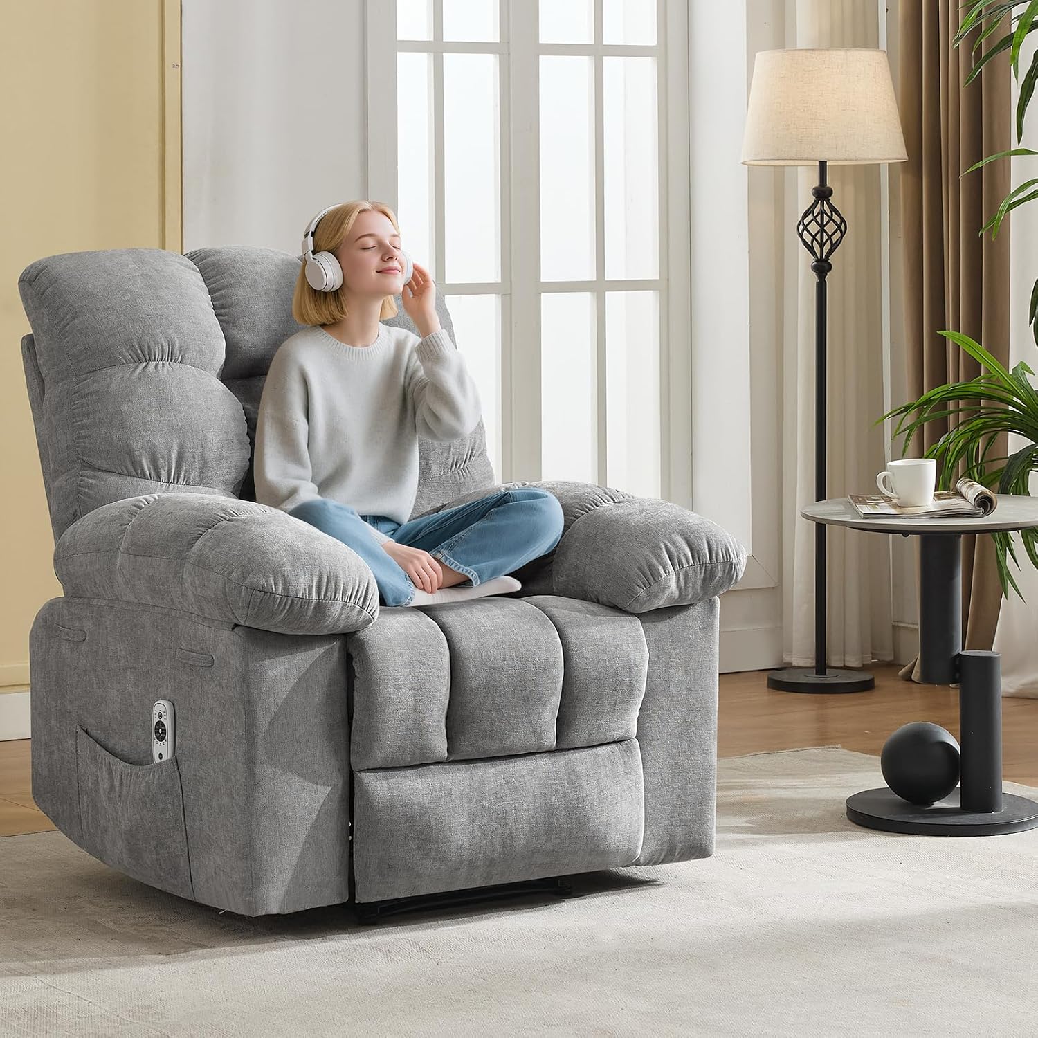 21.4in Wide Rocking Recliner Chair,Massage & Heat Function, Ergonomic Breathable Fabric with 2 Side Pockets & Remote for Living Room/Bedroom