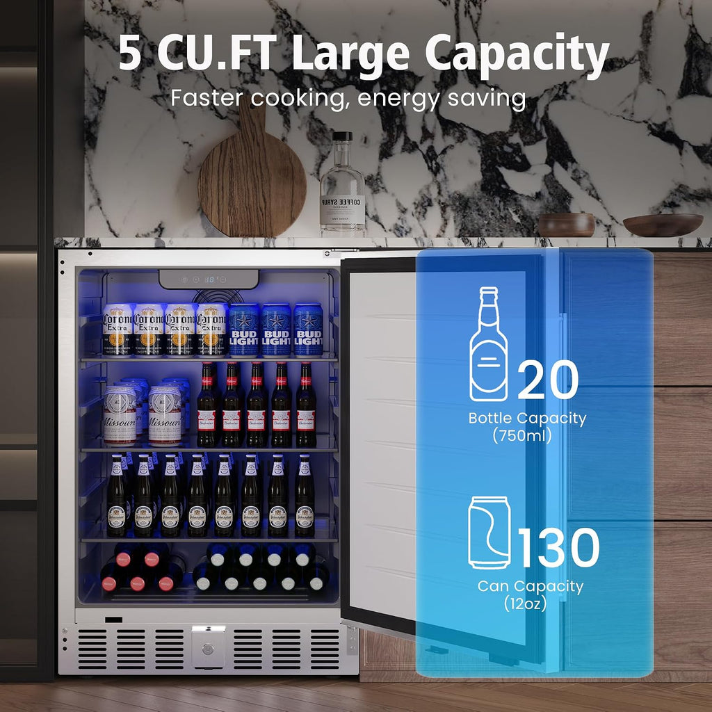 SUNVIVI Outdoor & Indoor Beverage Refrigerator, 24 Inch Stainless Steel Under Counter Drink Fridge, Silver Weatherproof Can Cooler Wine Chiller with Lock for Kitchen, Office, Patio, Bar, Home
