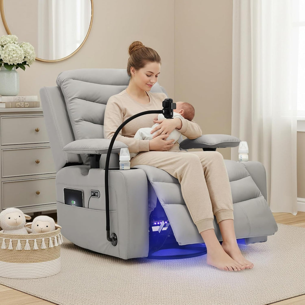 Olela Power Glider Recliner Nursery Chair, PU Leather Swivel Rocking Chair with Electric Lumbar Support, USB Charging, Smart Cup Holder, Light, Adjustable Armrest, Wireless Phone Charger Holder
