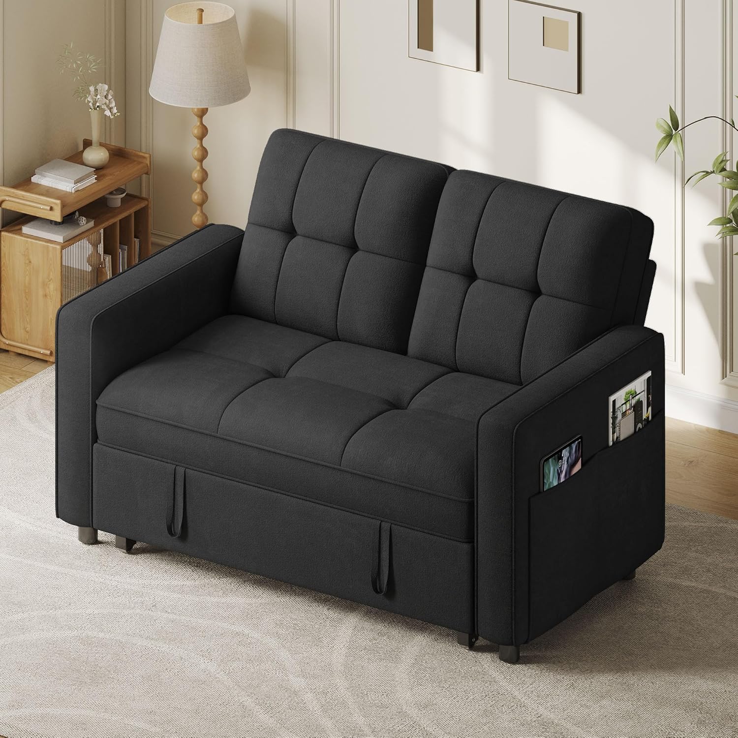 YITAHOME 3-in-1 Convertible Sofa Bed, Modern Loveseat Sleeper with Pull-Out Chaise, USB Charging Ports, Side Pockets, Compact Sofa for Living Room, Bedroom, Apartment, Black