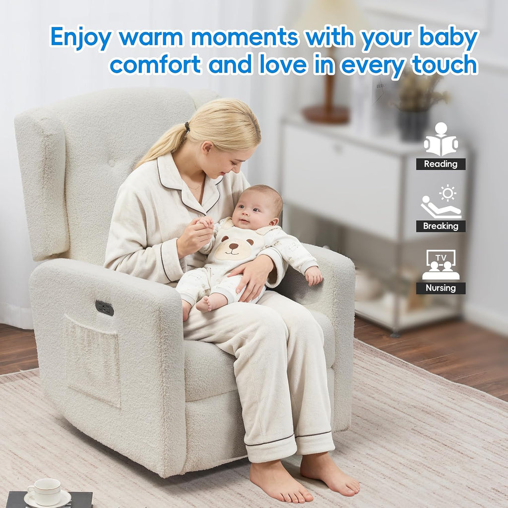 Swivel Rocker Power Recliner Chair for Nursery, 270° Swivel Glider Recliner with USB & Type-C Charging, Electric Reclining Chair with Storage Pockets, Upholstered Recliner for Living Room(Teddy Beige)