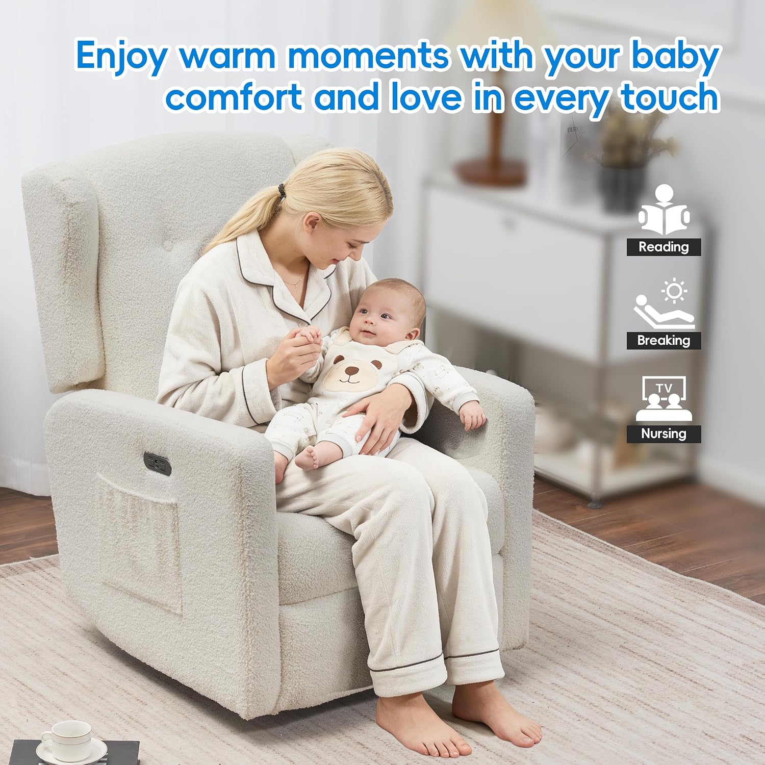 Swivel Rocker Power Recliner Chair for Nursery, 270° Swivel Glider Recliner with USB & Type-C Charging, Electric Reclining Chair with Storage Pockets, Upholstered Recliner for Living Room(Teddy Beige)