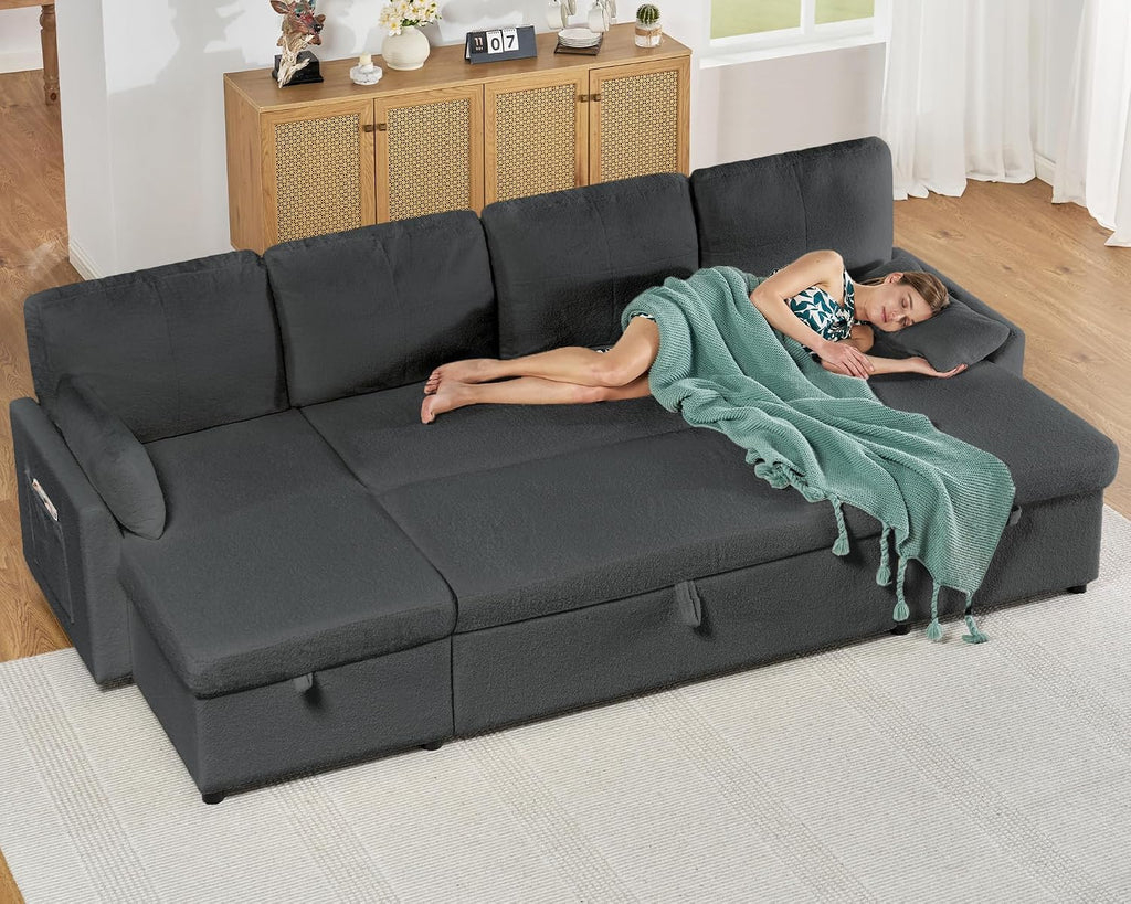 AMERLIFE 110 inch Sleeper Sofa, 2-in-1 Oversized Sofa Bed with Dual Storage Chaise, Pull Out Sofa Couch for Living Room, Guest Room, Boucle Dark Grey