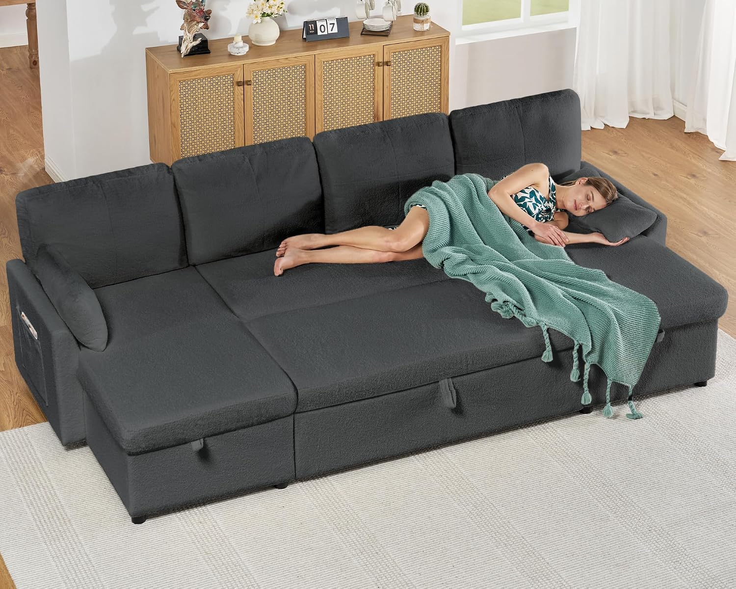 AMERLIFE 110 inch Sleeper Sofa, 2-in-1 Oversized Sofa Bed with Dual Storage Chaise, Pull Out Sofa Couch for Living Room, Guest Room, Boucle Dark Grey