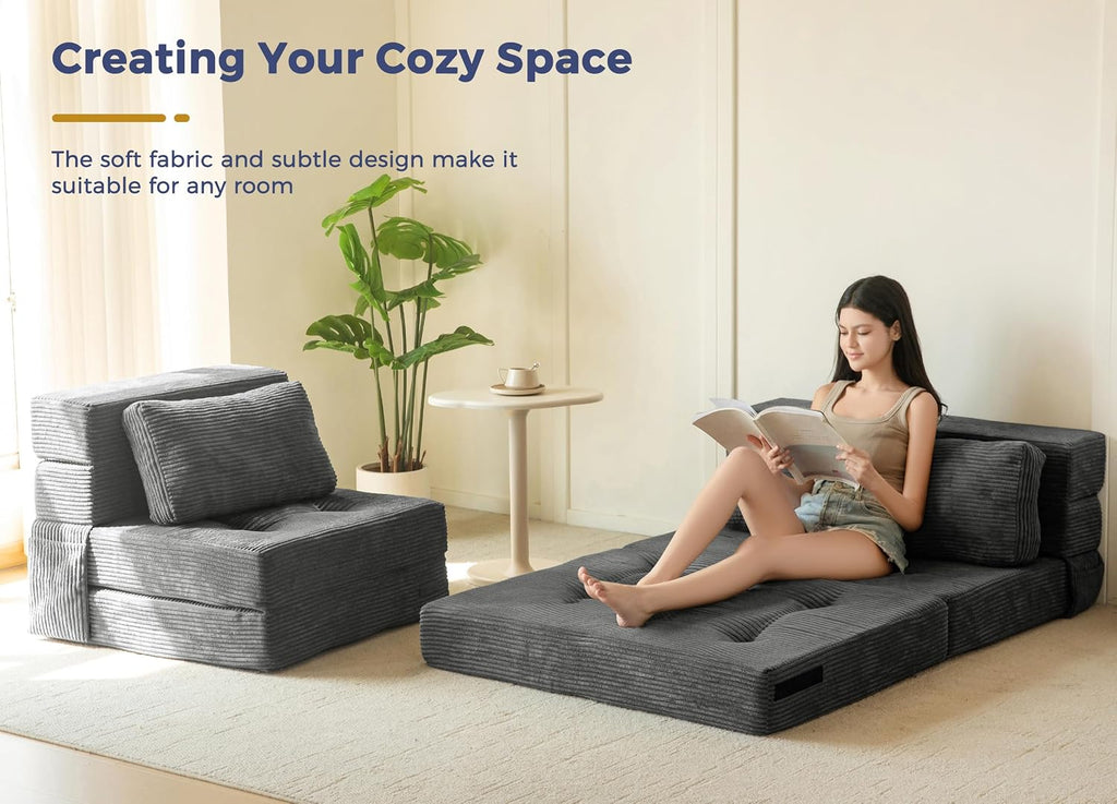 MAXYOYO Convertible Sofa Bed, Fold Out Sleeper Sofa with Pillow, 4 in 1 Tufted Folding Couch Bed Foam Floor Couch, Lazy Chair for Living Room Bedroom Guest Room, Dark Grey