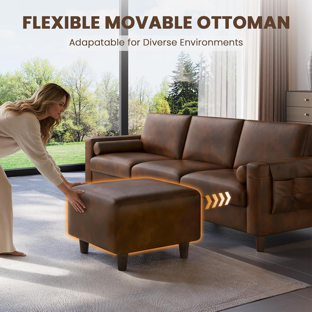 Vesgantti 100' L Shaped PU Faux Leather Sofa with Movable Ottoman, 3 Seater Leather Sectional Couch with Side Pocket, Comfy Modern Modular Couch for Living Room, Apartment, Cocoa