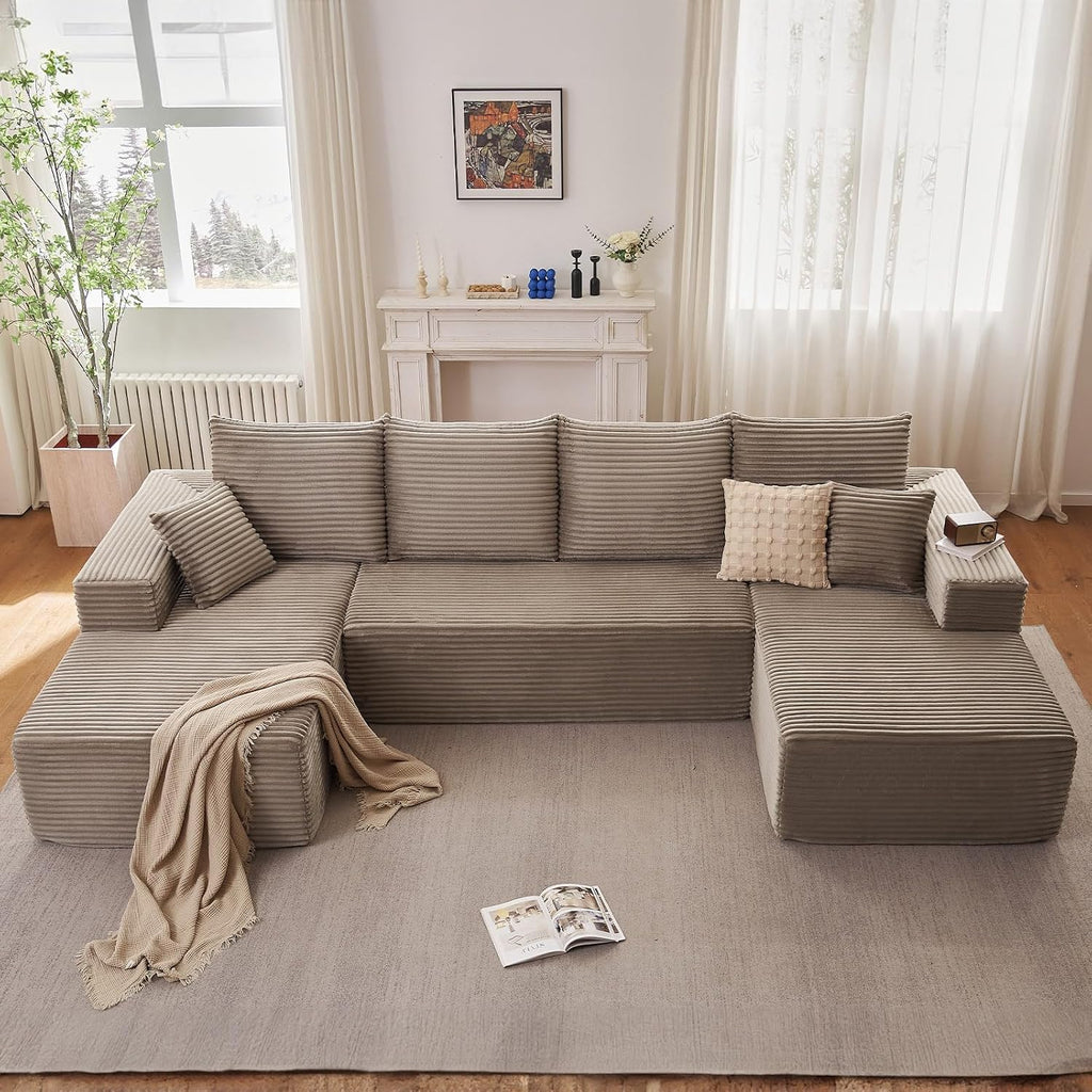 134.2' Modular Sectional Sofa, Modern Corduroy Cloud Couch with Deep Seat, Boneless Couch Upholstered 4-Seater U-Shaped Sofa for Living Room, No Assembly Required (Camel)