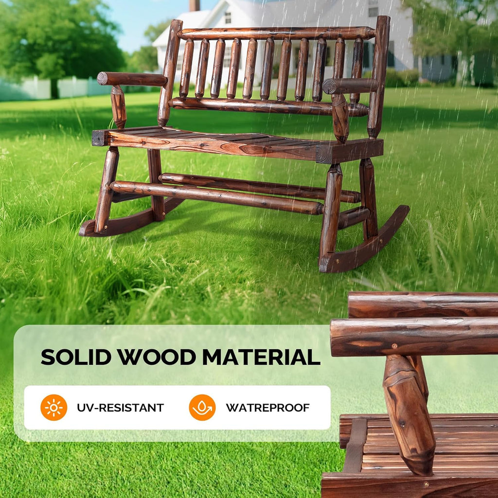VINGLI Fir Wood Double Rocking Chair for Porch & Garden - 550lb Capacity Weather-Resistant Outdoor Glider Bench with High Backrest, Patio Rocker for Couples Backyard, Deck, Rustic