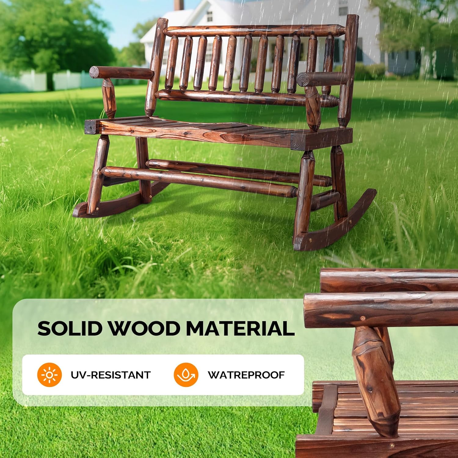 VINGLI Fir Wood Double Rocking Chair for Porch & Garden - 550lb Capacity Weather-Resistant Outdoor Glider Bench with High Backrest, Patio Rocker for Couples Backyard, Deck, Rustic