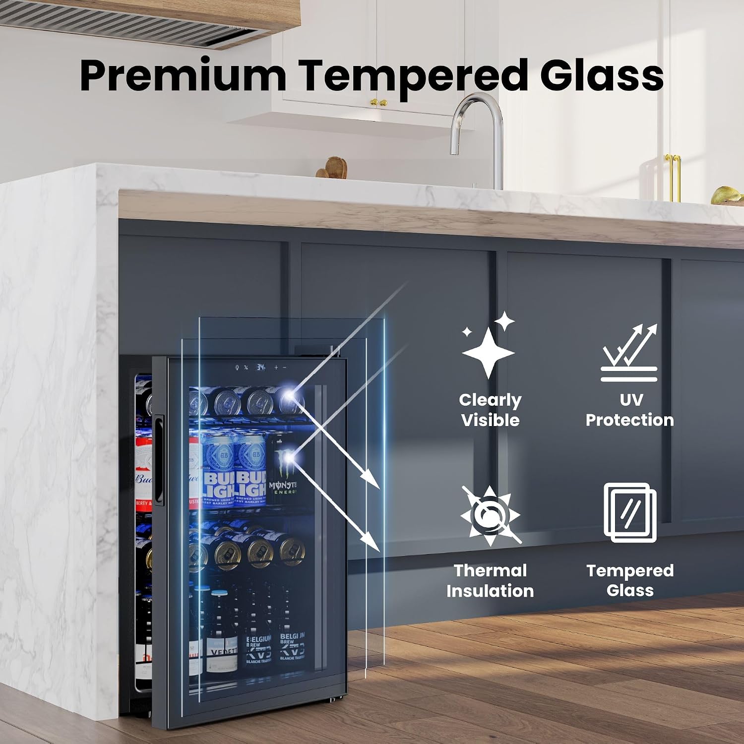 Yeego Countertop & Freestanding Beverage Fridge, 85-Can Mini Drink Refrigerator with Glass Door, Adjustable Shelves, Digital Temperature Control 34–54°F, Compact Cooler for Kitchen, Office, Bar