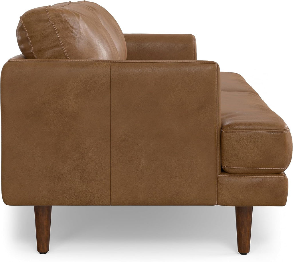 SIMPLIHOME Livingston Sofa - 90 inch Wide Top Grain Genuine Leather Sofa in Caramel Brown, Mid-Century Modern 3-Seater Couch for Living Room with Feather-Wrapped Cushions and Solid Wood Frame