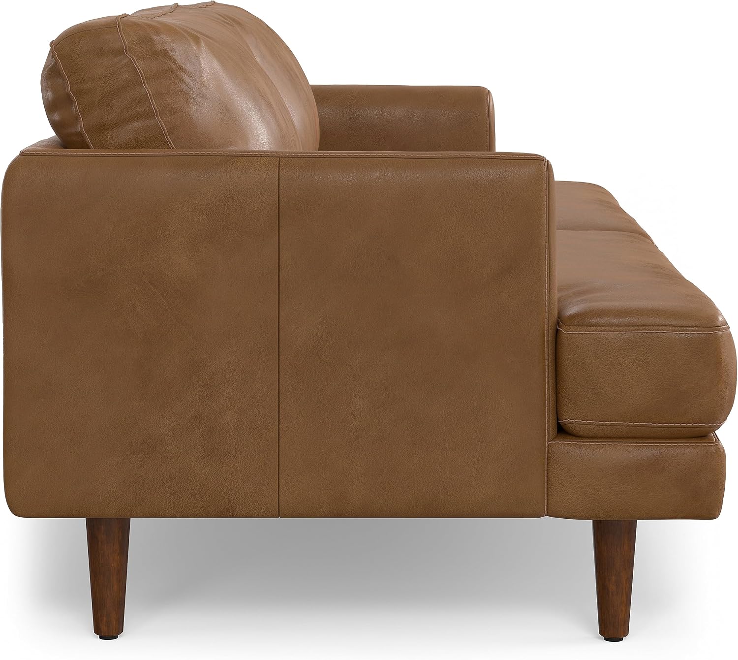 SIMPLIHOME Livingston Sofa - 90 inch Wide Top Grain Genuine Leather Sofa in Caramel Brown, Mid-Century Modern 3-Seater Couch for Living Room with Feather-Wrapped Cushions and Solid Wood Frame