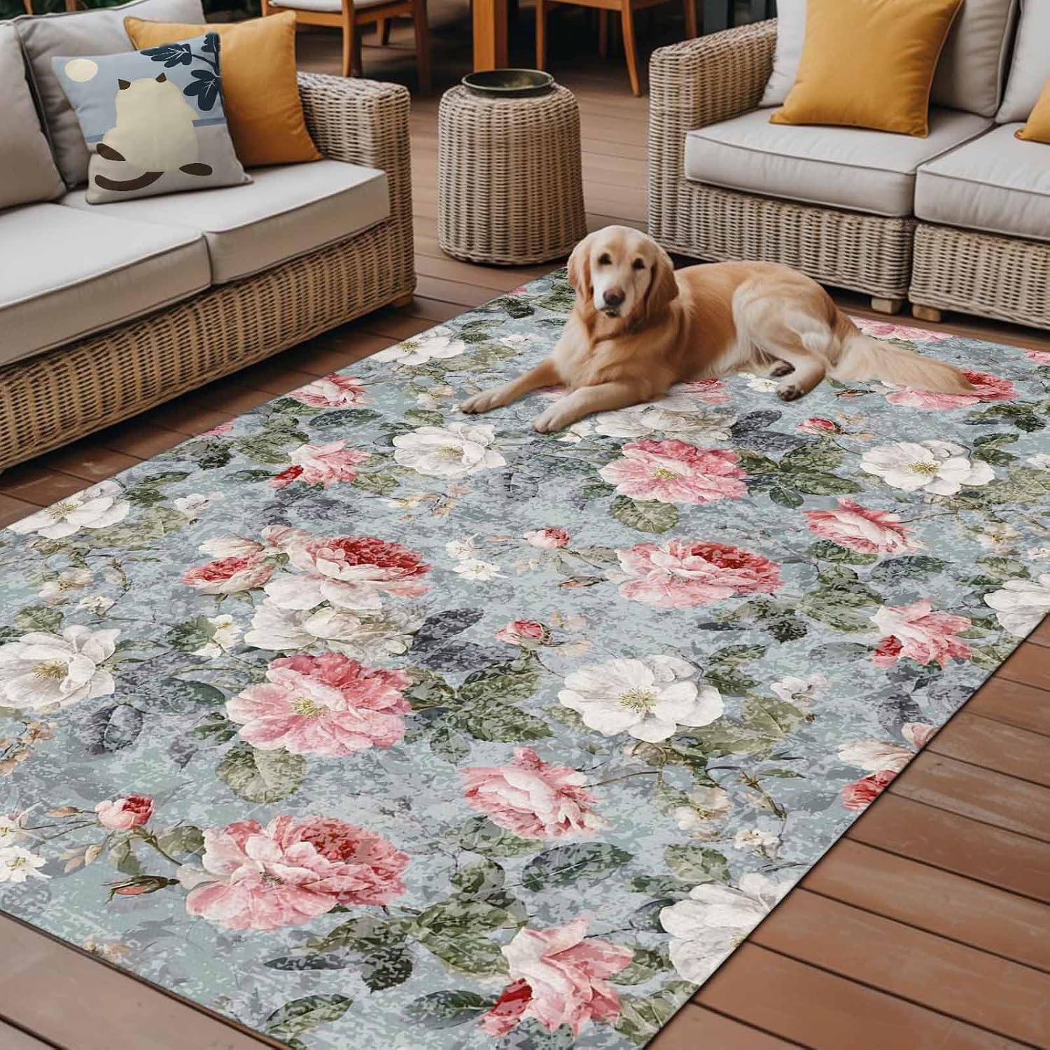 Vintage Spring Floral Outdoor Rug for Patio/Deck/Porch, Non-Slip Large Area Rug 5 x 8 Ft, Summer Botanical Watercolor Indoor Outdoor Rugs Washable Area Rugs, Reversible Camping Rug Carpet Runner