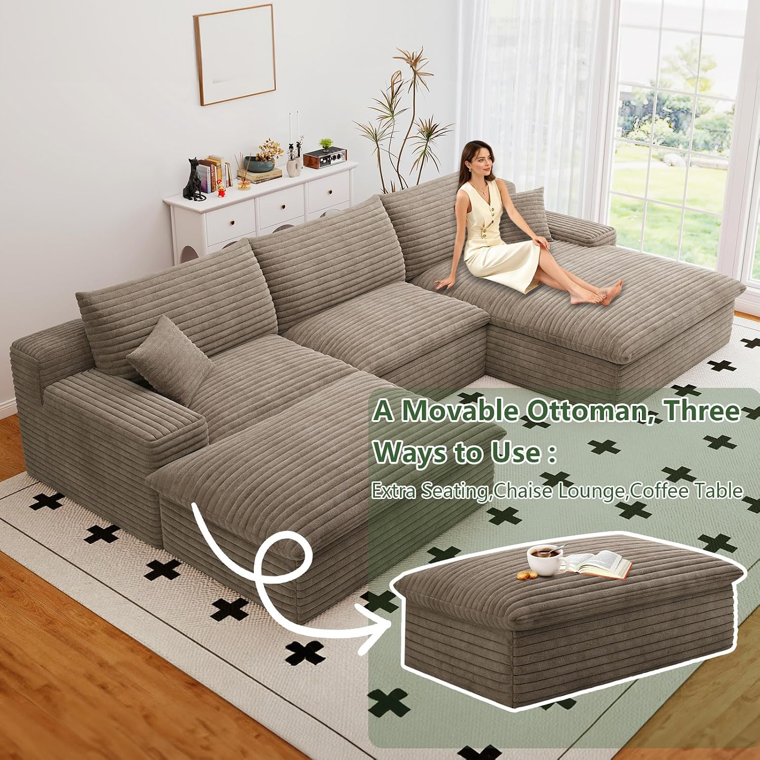 107' Cloud Couch Modular Sectional Sofa for Living Room, U-Shape Boneless Couch with Deep Seat, Modern Corduroy 3-Seater with Ottoman, No Assembly Required (Camel,Right-Facing Chaise)