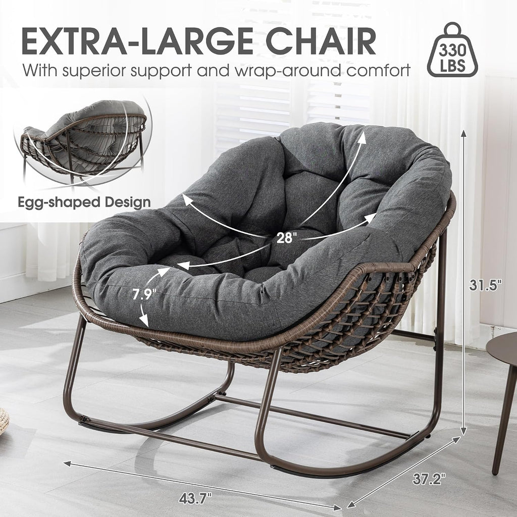 Oversized Papasan Rocking Chair - Outdoor Luxury Comfy Patio Chair Set of 2 Indoor Egg Royal Double Rattan Rocking Chair with Cushion for Front Porch Lounge Lawn Bedroom (Grey)