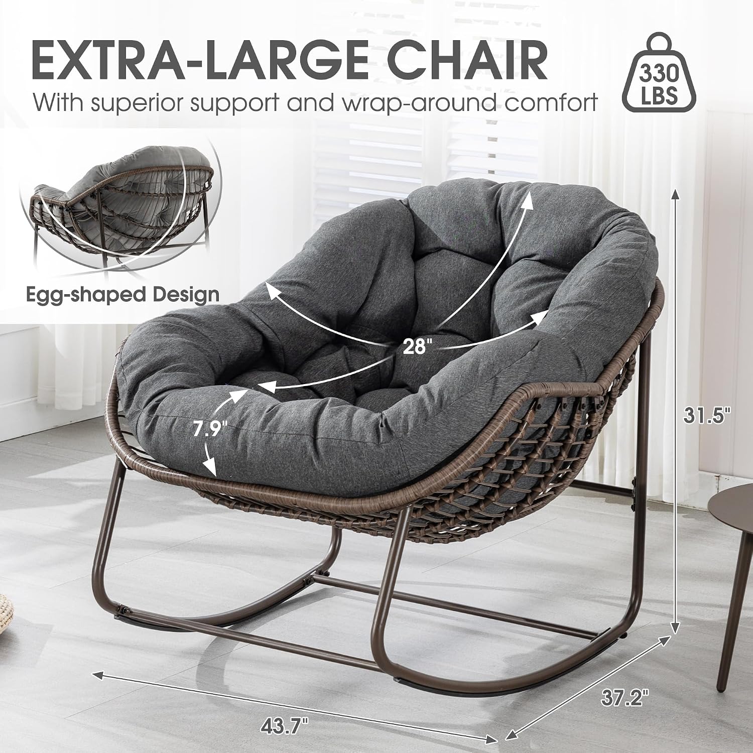 Oversized Papasan Rocking Chair - Outdoor Luxury Comfy Patio Chair Set of 2 Indoor Egg Royal Double Rattan Rocking Chair with Cushion for Front Porch Lounge Lawn Bedroom (Grey)