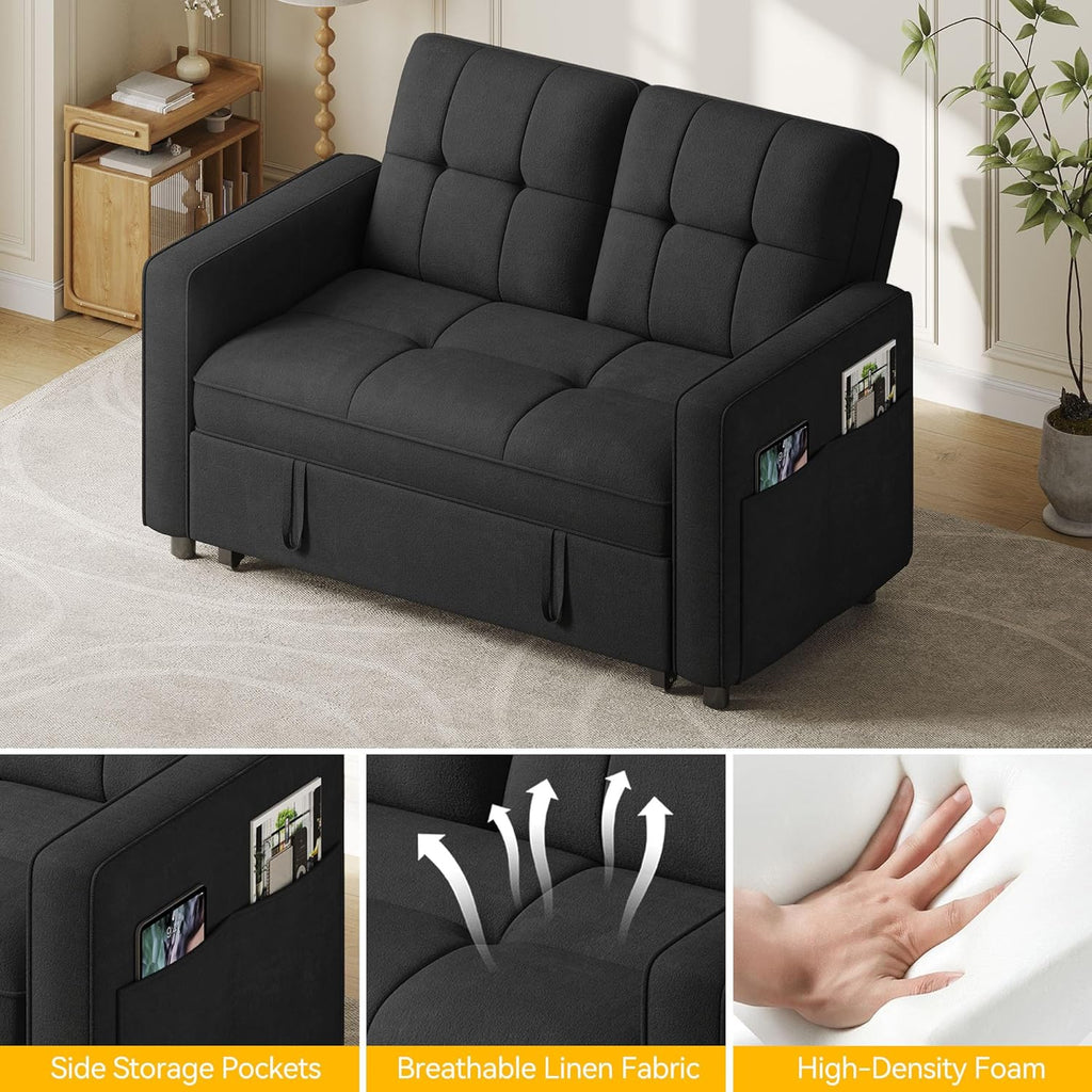 YITAHOME 3-in-1 Convertible Sofa Bed, Modern Loveseat Sleeper with Pull-Out Chaise, USB Charging Ports, Side Pockets, Compact Sofa for Living Room, Bedroom, Apartment, Black