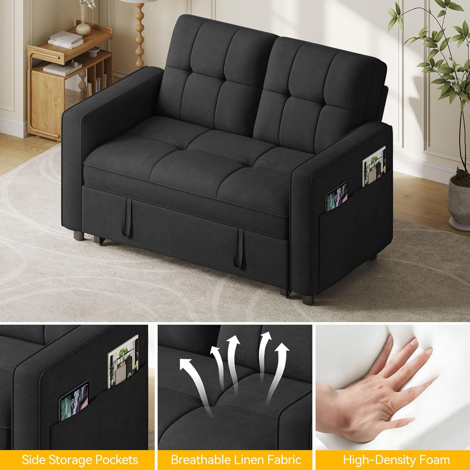 YITAHOME 3-in-1 Convertible Sofa Bed, Modern Loveseat Sleeper with Pull-Out Chaise, USB Charging Ports, Side Pockets, Compact Sofa for Living Room, Bedroom, Apartment, Black