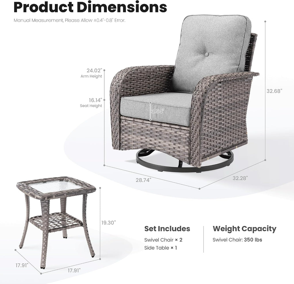 ovios 3-Piece Patio Furniture Set, Outdoor Wicker Sofa with Swivel Chairs, High Back Rattan Gliders Rocker with Comfy Cushions for Porch Yard Deck, Dark Grey