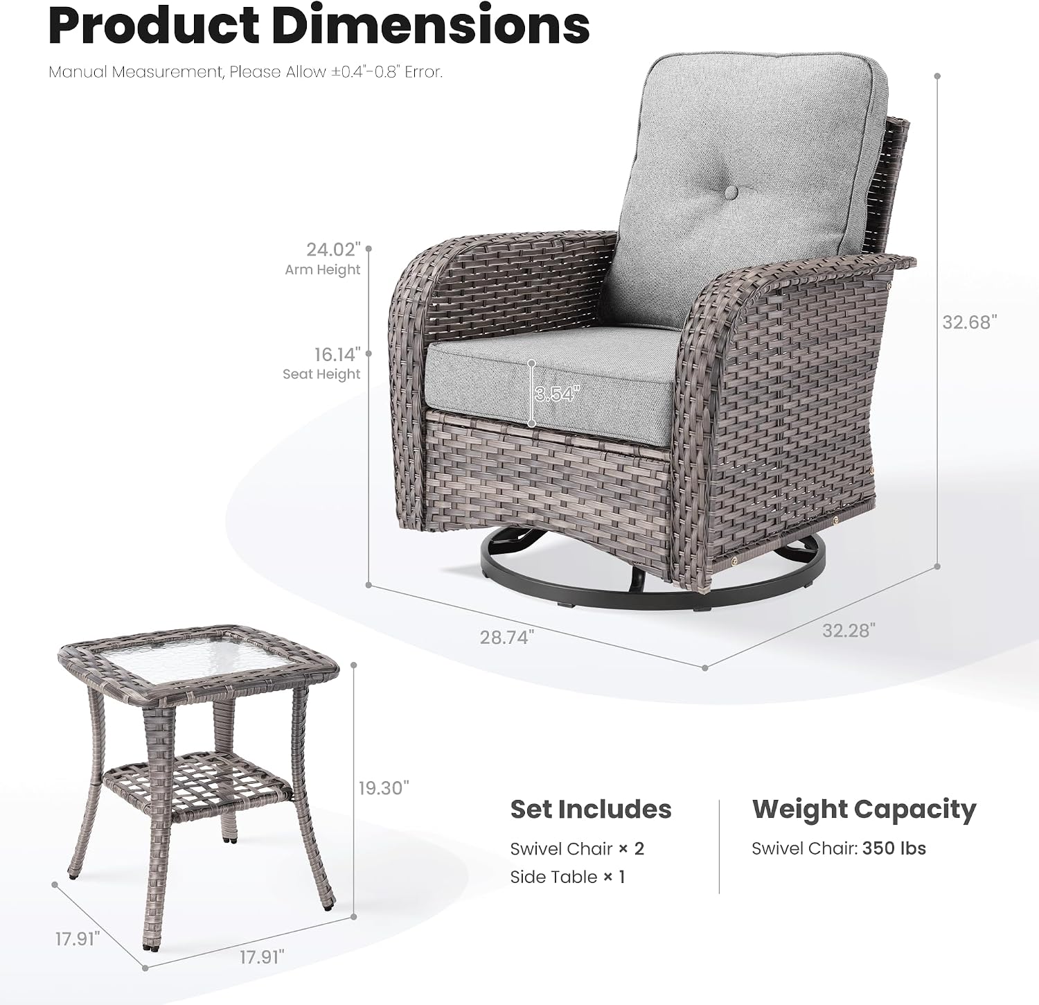 ovios 3-Piece Patio Furniture Set, Outdoor Wicker Sofa with Swivel Chairs, High Back Rattan Gliders Rocker with Comfy Cushions for Porch Yard Deck, Dark Grey