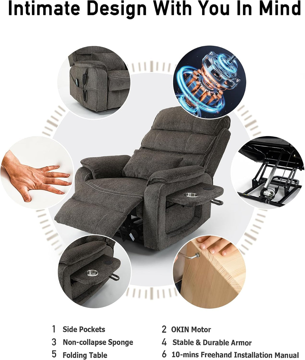 Large Power Lift Lazy Boy Recliner Chair with Heated and Massage, Upgraded Dual Motor Lay Flat Recliners, 25in Extra Wide Seat, Cup Holder, Side Pocket