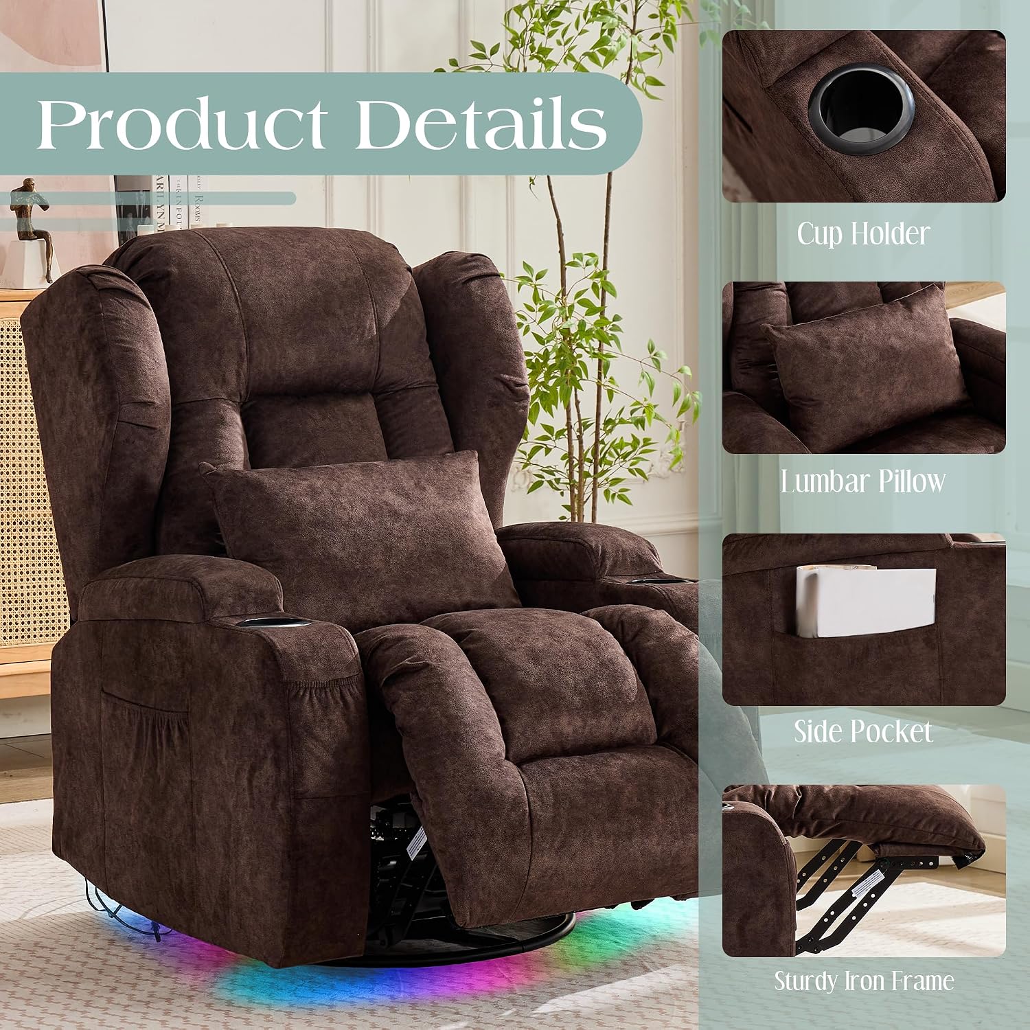 TUNYI Power Recliner Chair - Velvet Home Theater Seating Glider Reclining Sofa with Massage & Heat Swivel Rocker Recliner Chair for Living Room with LED Light/USB Port/Lumbar Pillow (Brown)