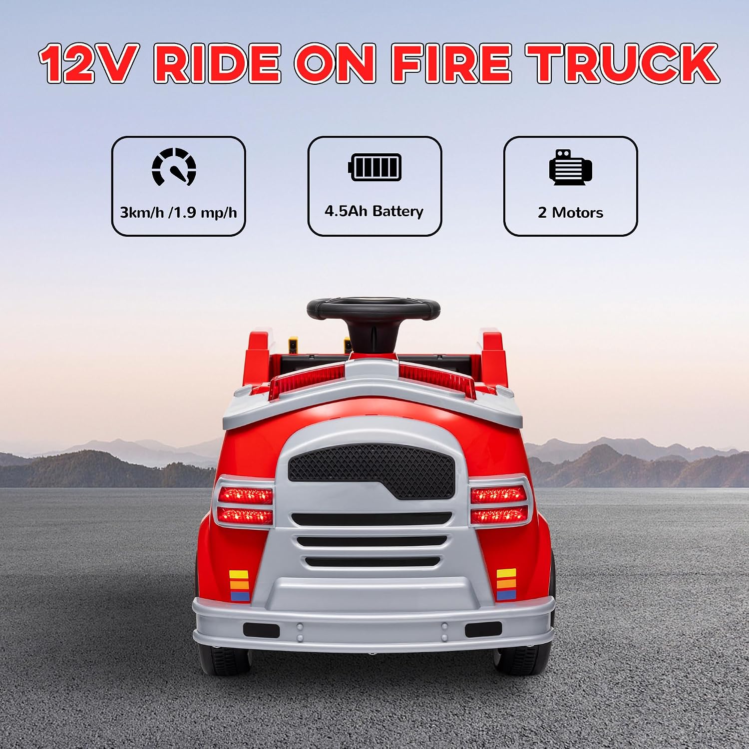 Qaba 12V Ride on Fire Truck, Battery Powered Electric Car for Kids with Siren, Flashing Lights, Fire Extinguisher, Shovel, Wrench, Ladder, Soft Start, Horn Music and, Red