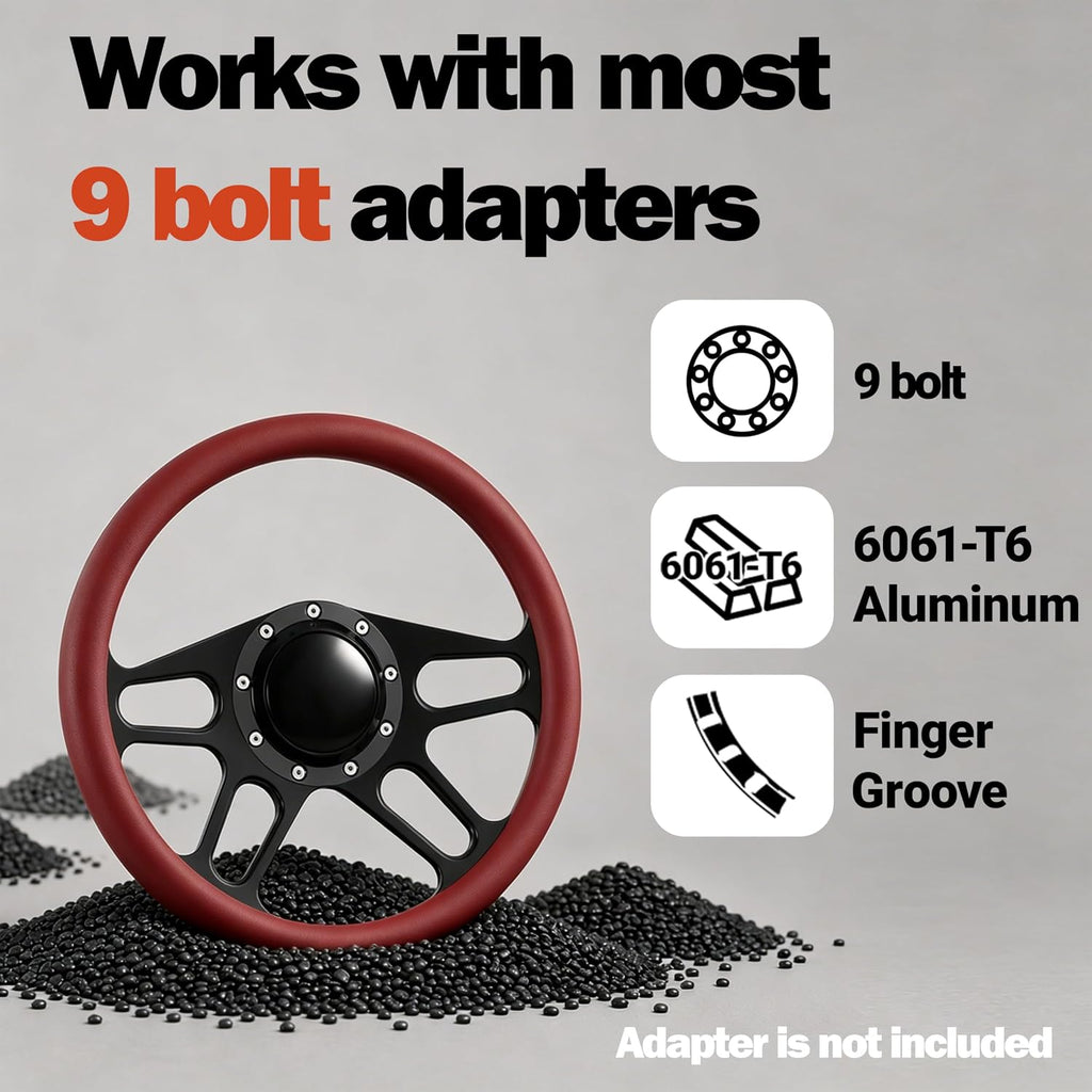 14'' Billet Half Wrap 9 Bolts Steering Wheel with 2'' Dish and Horn Button(Burgundy)