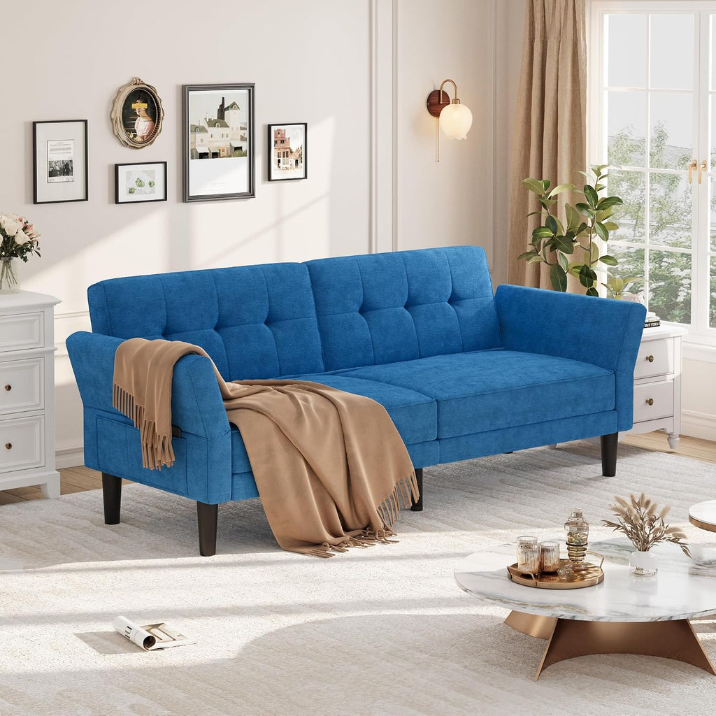 GarveeHome 89' Futon Sofa Bed, Convertible Sleeper Sofa with Adjustable Backrest & Armrest, Modern Futon Couch Bed, Loveseat Sleeper for Living Room Bedroom Apartments, Blue