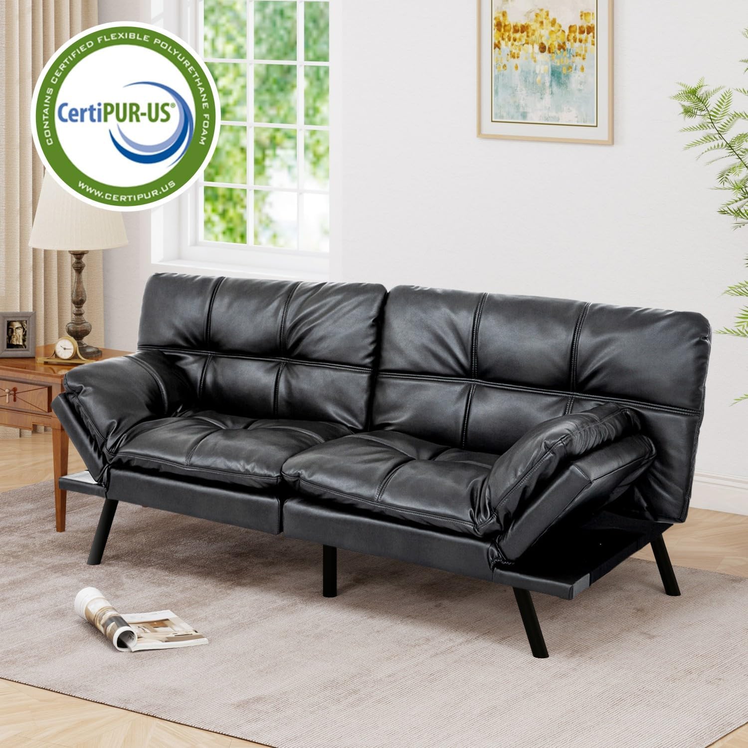 71' Futon Sofa Bed, Modern Convertible Loveseat Sleeper, Faux Leather Couch with Adjustable Back & Arms for Small Spaces, Office & Apartment - Ebony