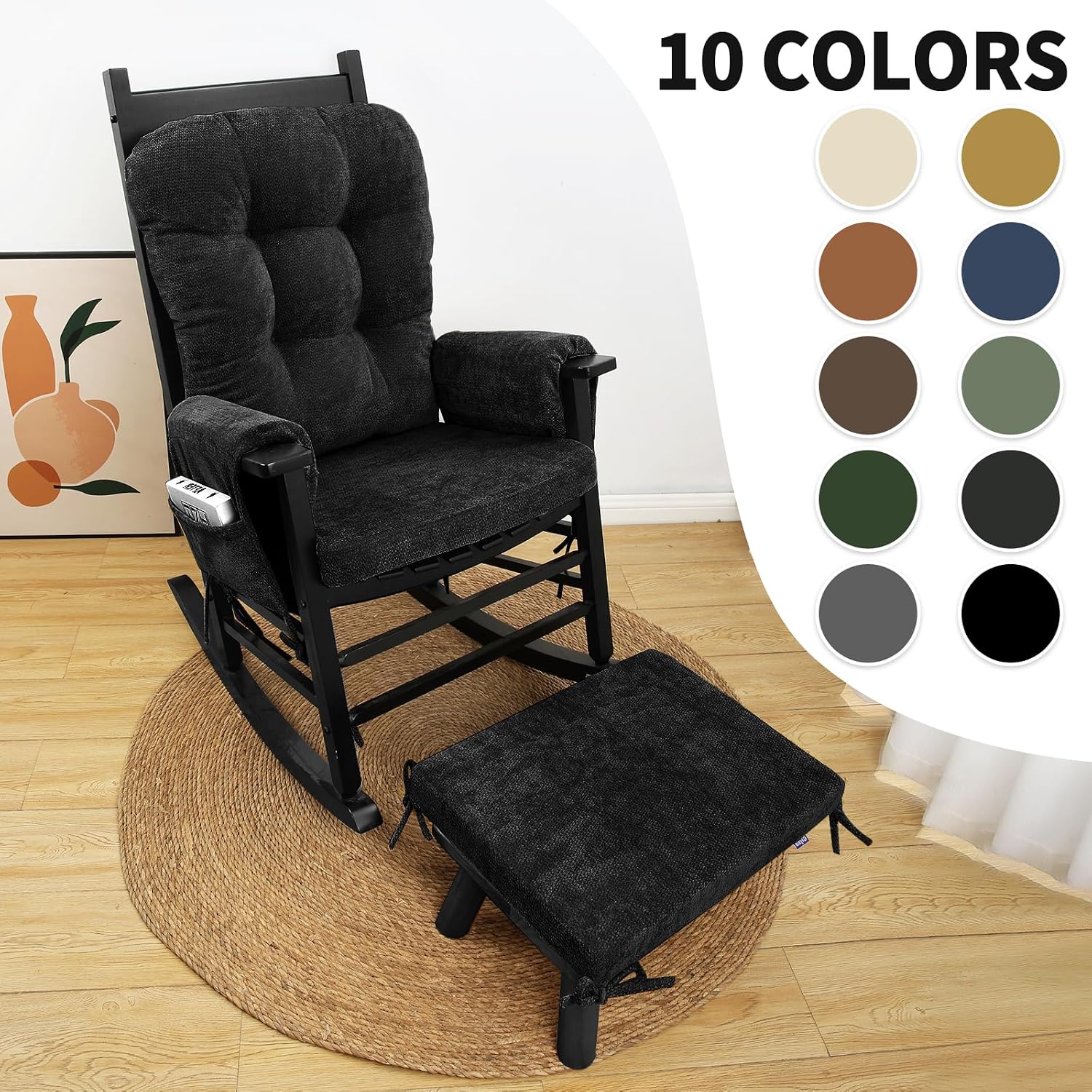 5 PCS Glider Rocker Replacement Cushions with Storage Side Pocket, Luxuriy Chenille Fabric Foam & Microfiber Filling, Thickened & Supportive Rocking Chair Cushion Set, Black