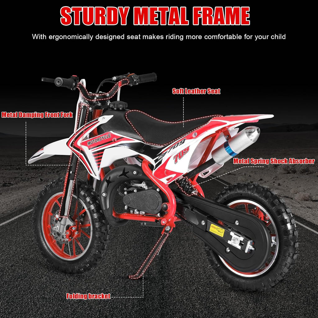 49cc 2-Stroke Kids Dirt Bike, Gas Power Motocross, Off Road Mini Motorcycle, Pocket Motorbike with Front Rear Disc Brakes, Racing Max Speed 30KM/H (Red)