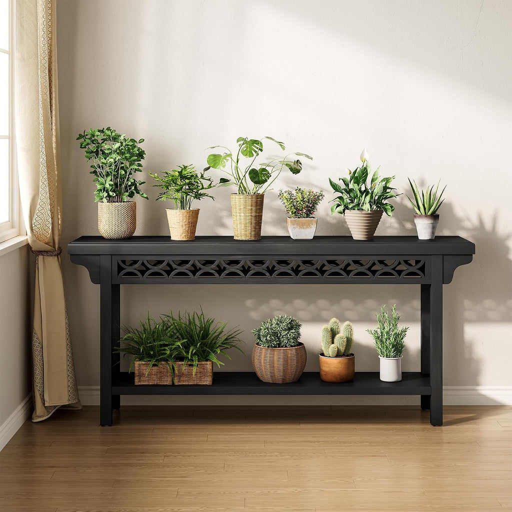 LITTLE TREE 70.87-Inch Long Console, Solid Wood Farmhouse Narrow Entryway Table with Shelf, Rustic Sofa Table for Living Room, Hallway, Black