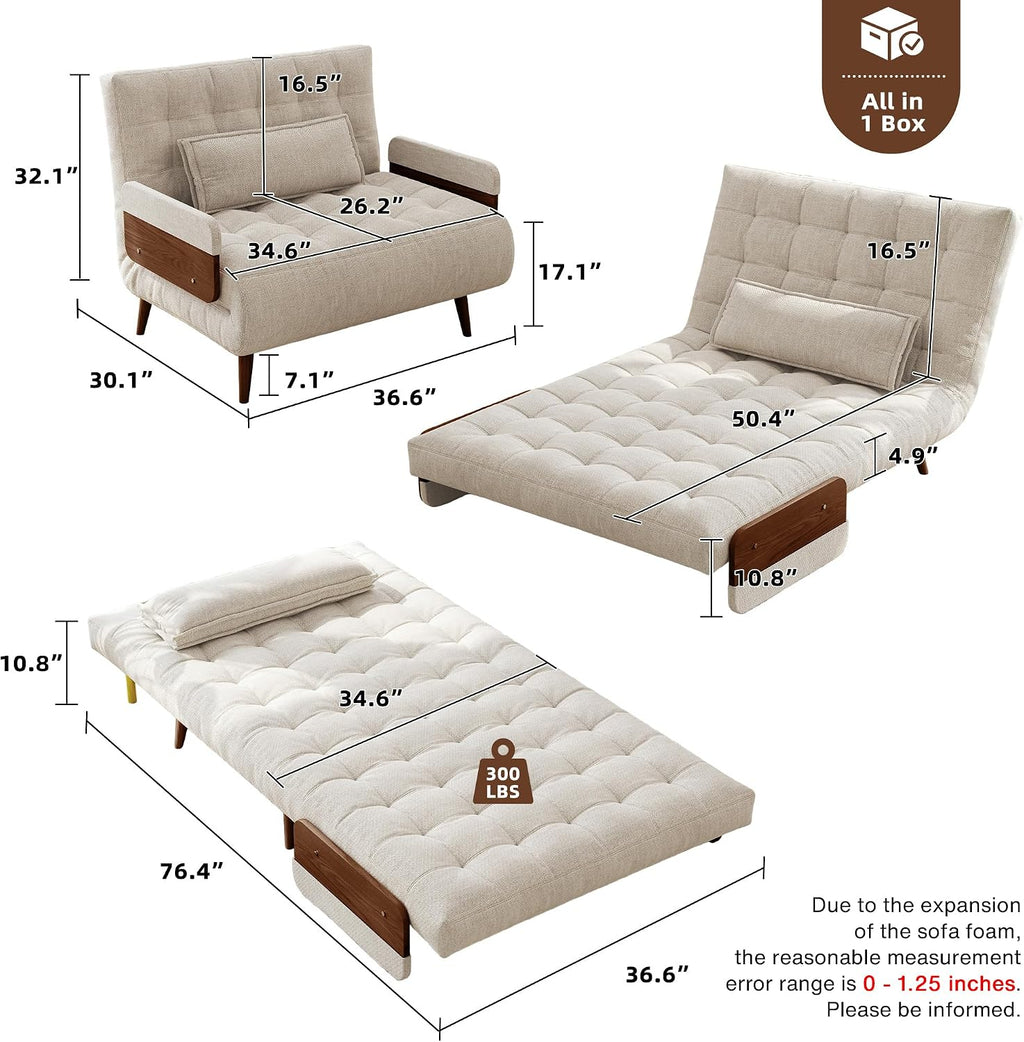 JASIWAY Convertible Sleeper Chair Bed for Adults, 3 in 1 Linen Convertable Futon Chair with Pillow, Fold Out Single Sleeper Couch Guest Bed for Small Spaces, Bedroom Mid-century with Walnut Arm, 36.6'