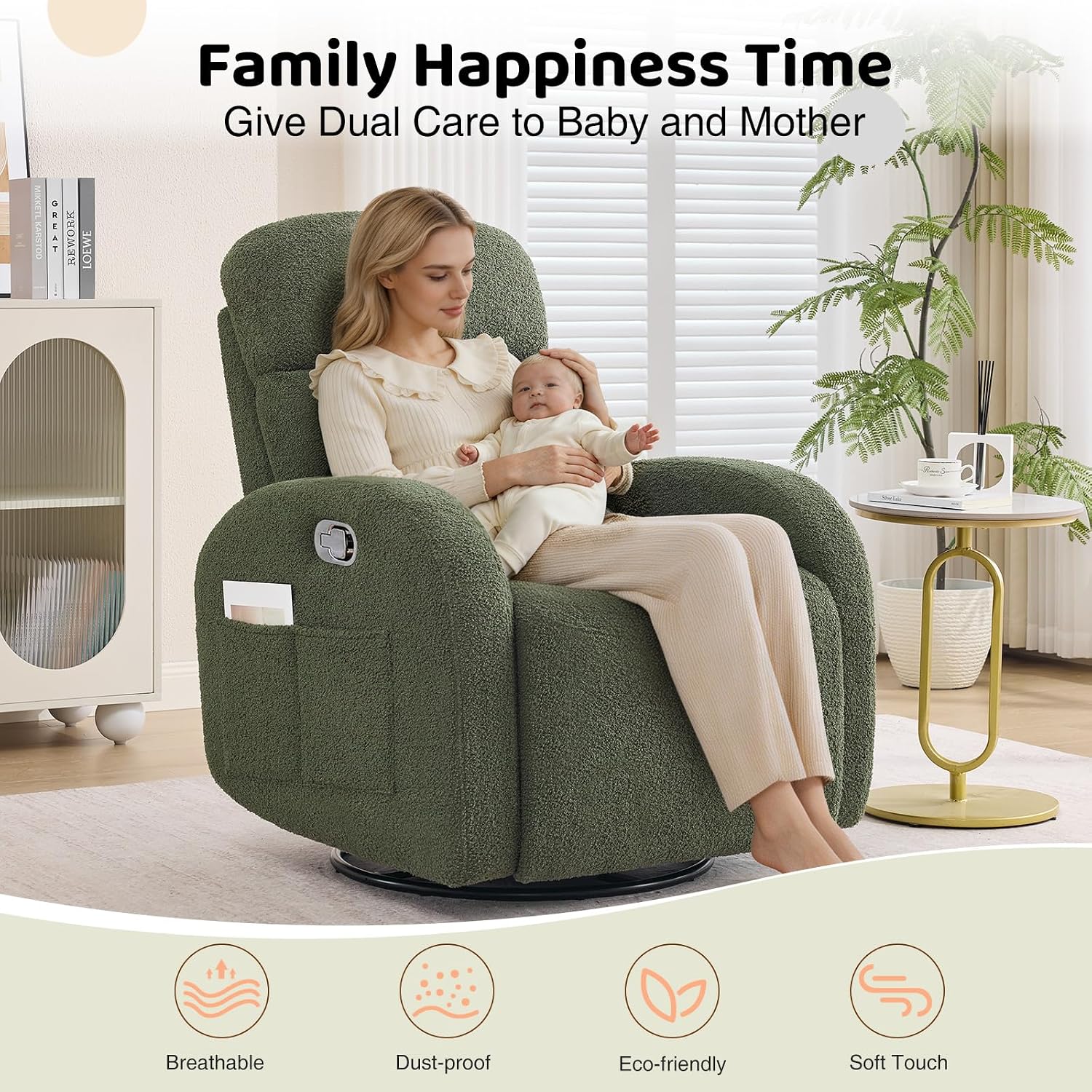 Nursery Glider Recliner, Boucle Nursery Rocking Chair Recliner, Manual Nursery Glider Recliner with Double Pockets and Lumbar Support for Adult, Teddy Green