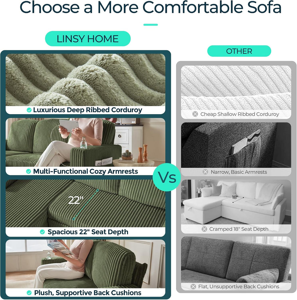 LINSY HOME Sectional Sofa with Pull Out Bed, 7 Seats Corduroy Reversible Sleeper Sofa with Storage Seats & Chaises, USB Ports, Cup Holders, Side Pocket, Sectional Couches for Living Room, Green | Plush Corduroy, Storage space, Sturdy structure