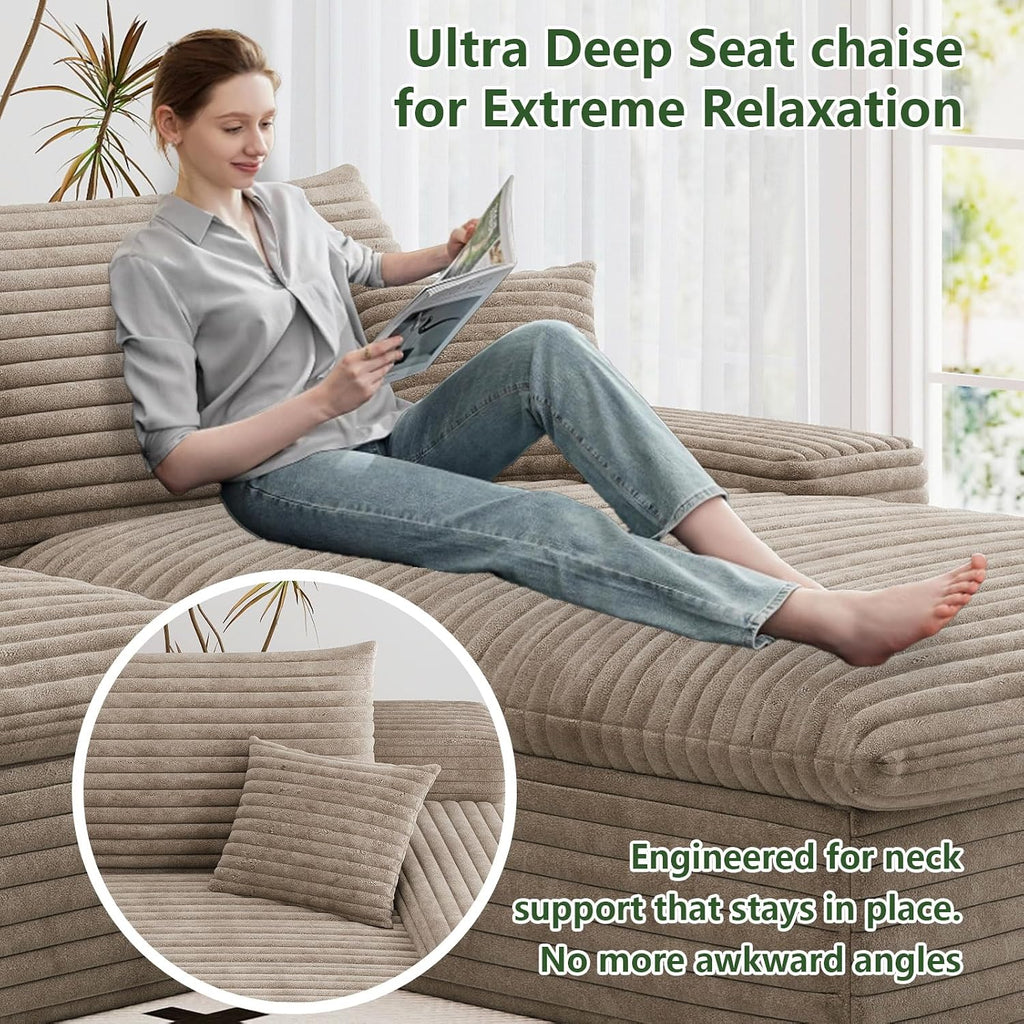 107' Cloud Couch Modular Sectional Sofa for Living Room, U-Shape Boneless Couch with Deep Seat, Modern Corduroy 3-Seater with Ottoman, No Assembly Required (Camel,Right-Facing Chaise)
