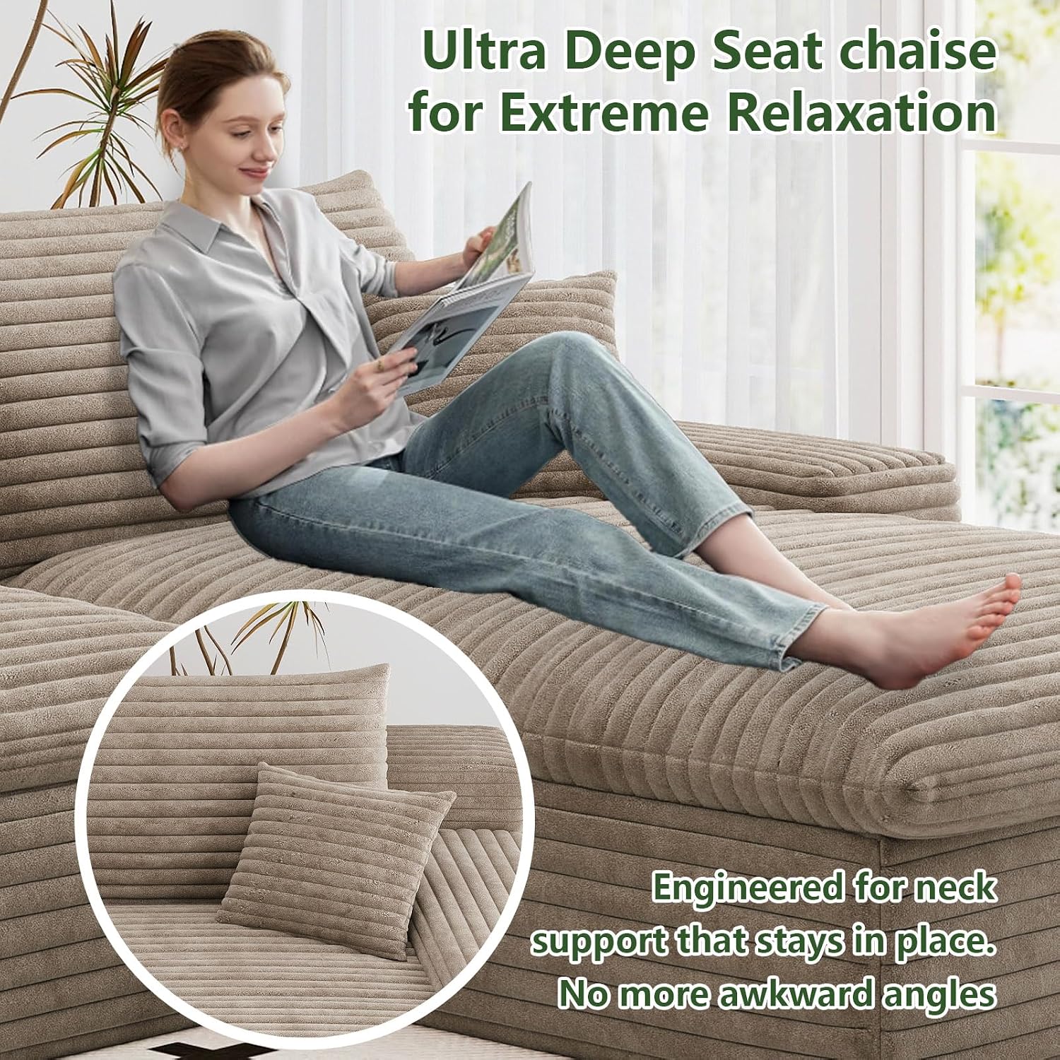 107' Cloud Couch Modular Sectional Sofa for Living Room, U-Shape Boneless Couch with Deep Seat, Modern Corduroy 3-Seater with Ottoman, No Assembly Required (Camel,Right-Facing Chaise)
